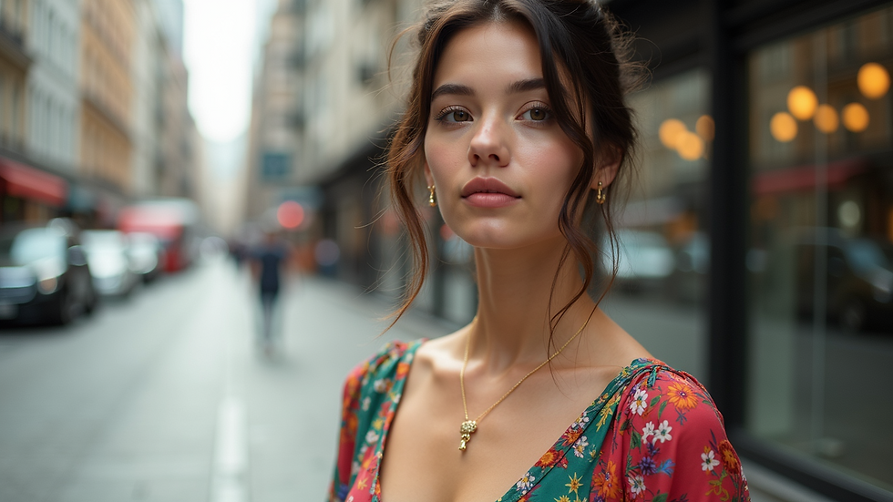 Close-up view of a model wearing a vibrant dress in an urban setting