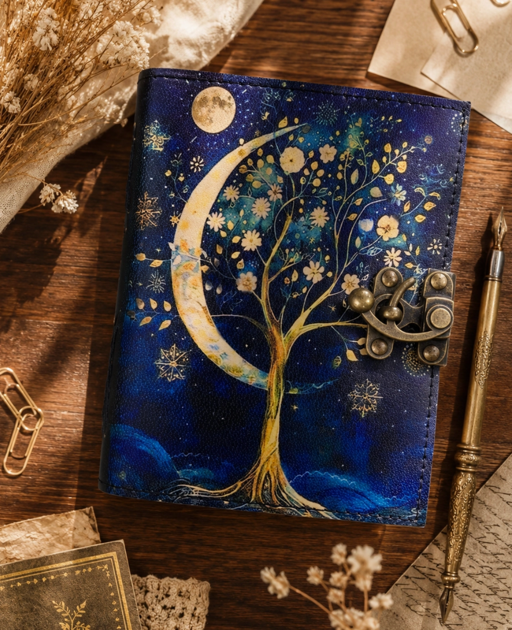 Leather Printed Golden Crescent Moon Journal