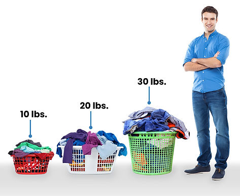 young man stands beside three baskets to illustrate relative sizes of 10-lb, 20-lb and 30-lb laundry
