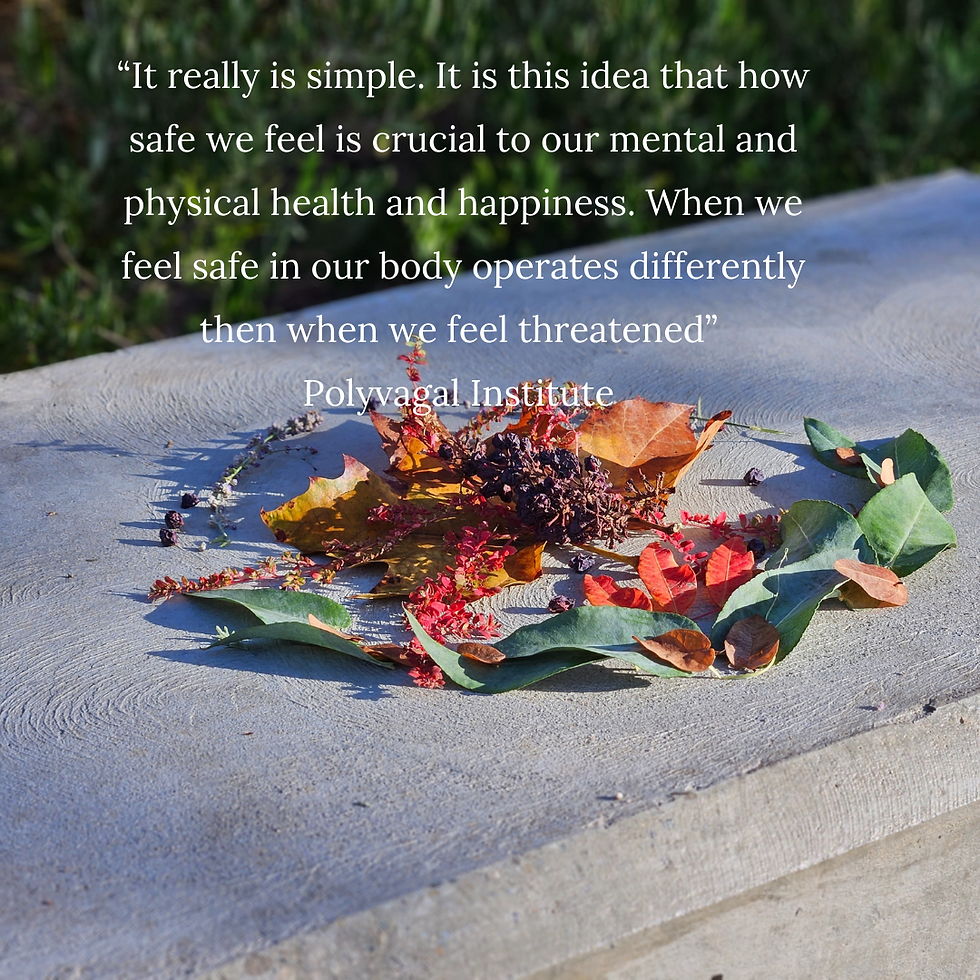 A leaf altar with a quote from polyvagal institue