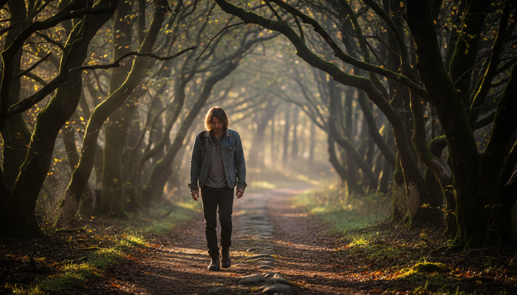 Eye-level view of a person walking alone on a wooded path in soft morning light