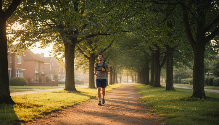 Wide-angle view of a person jogging on a quiet neighborhood path in early morning light.