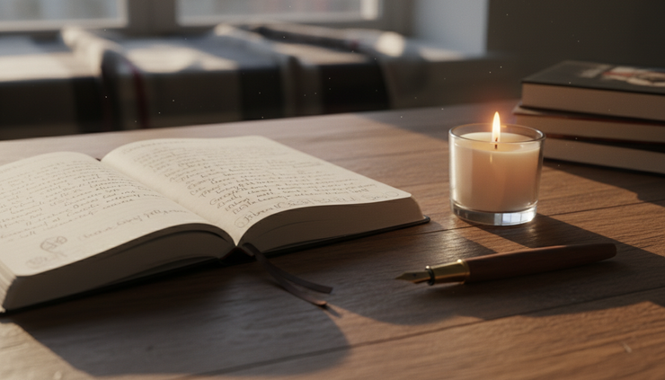 Close-up of handwritten prayers in a journal beside a small candle