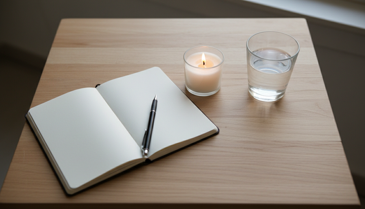 Overhead view of a small candle, a notebook, and a glass of water on a simple table.