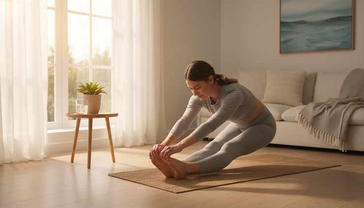 Wide-angle view of a person stretching on a yoga mat near a sunny window