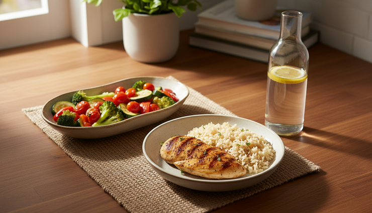 Overhead view of a simple healthy meal and water bottle on a kitchen counter.