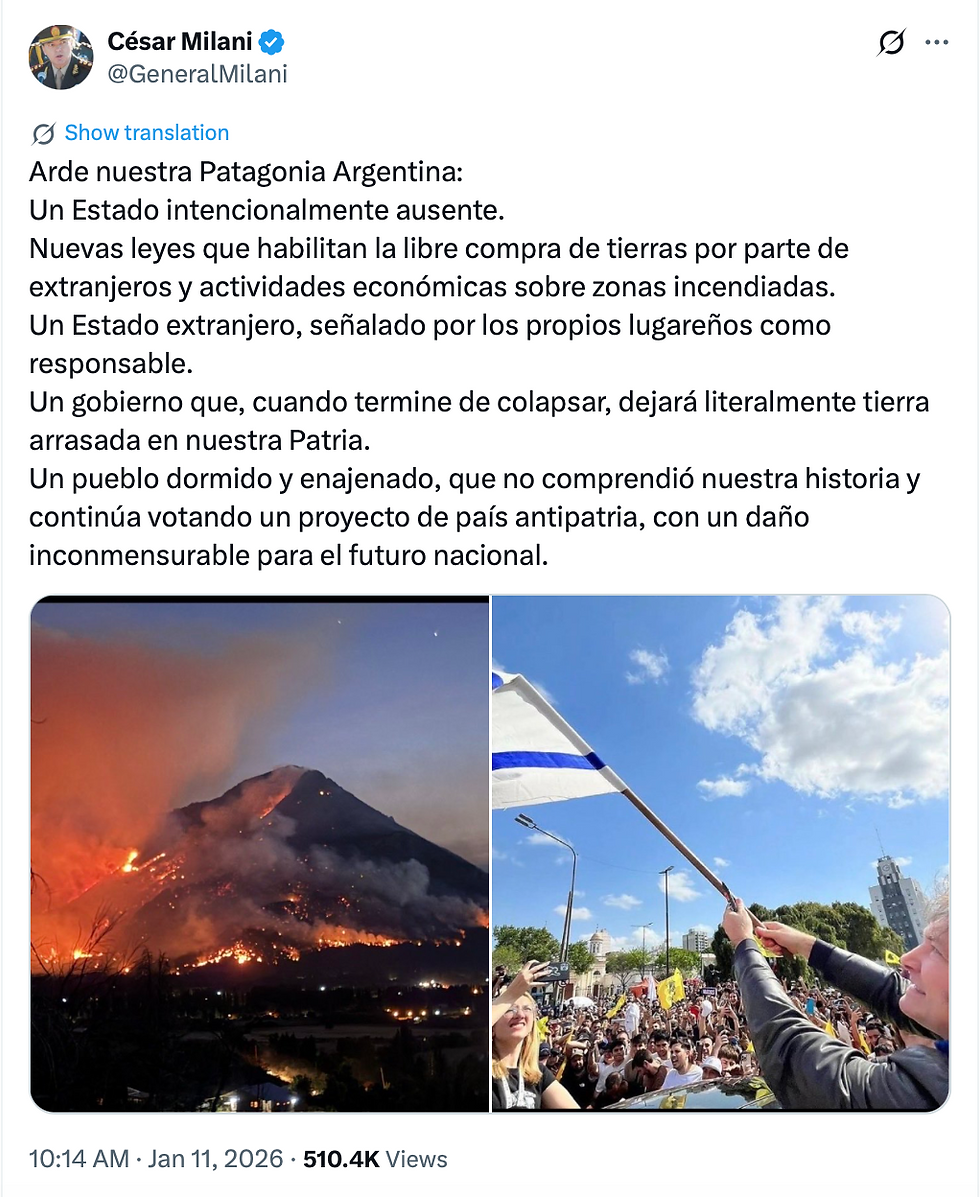Tweet by retired Argentine Army General César Milani blaming a foreign state for the Patagonia wildfires January 2026