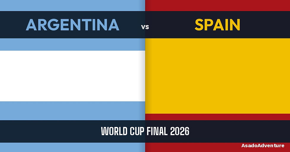 Split graphic of the Argentine and Spanish flags with the text “Argentina vs Spain: World Cup Final 2026.”