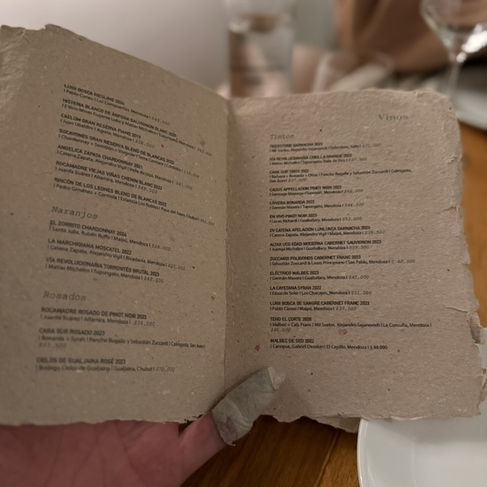Hand holding Alcanfor’s wine list featuring Argentine varietals and natural wines inside the Michelin-starred Buenos Aires restaurant.