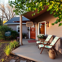 holistic wellness center, sitting on 1 acre of land, with a porch and lounge chairs, a sig