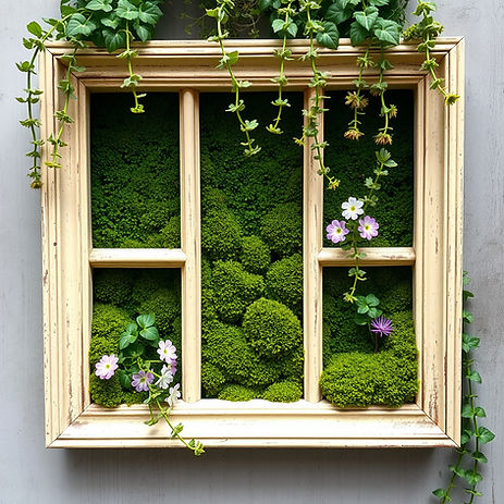moss in a paneled frame with a moss background and mini flowers and draping plants fill in
