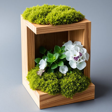 moss and mini fern and hydrangeas in wooden 3d cube framed with moss spilling out .jpg
