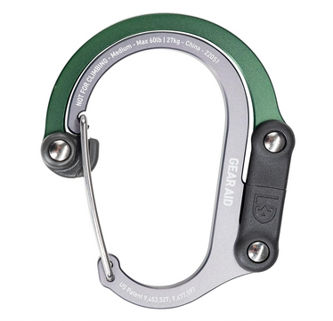 green and silver carabiner