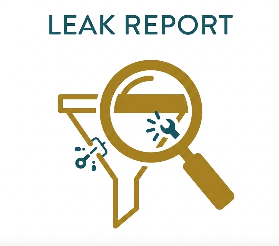 Magnifying glass over a funnel with leak icons. Wrench and droplets signify fixing leaks. Text reads "LEAK REPORT" above.
