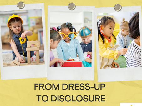 Three polaroid-style photos of young children in pretend play: a girl in a yellow construction hat using a tape measure, three children exploring a dress-up bin together wearing costume glasses and a viking helmet, and a girl wearing a toy stethoscope playing doctor with two peers. Title text reads "From Dress-Up to Disclosure: What Pretend Play Teaches Us About Self-Advocacy." Joyful Learning Collaborative logo in the bottom right corner.