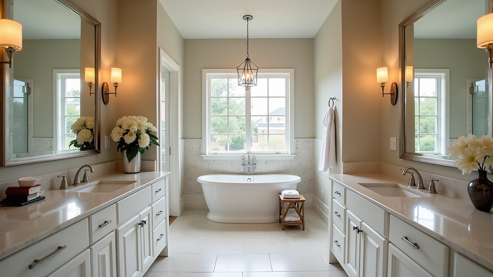 Wide angle view of a cozy master bathroom remodel in a Frisco home