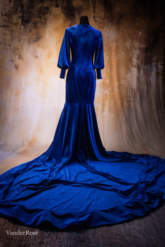chinese dress ladies Sexy Royal Sea Blue Velvet Flower Mermaid Long Prom Dress, PD3126 –  SposaBridal main image 1