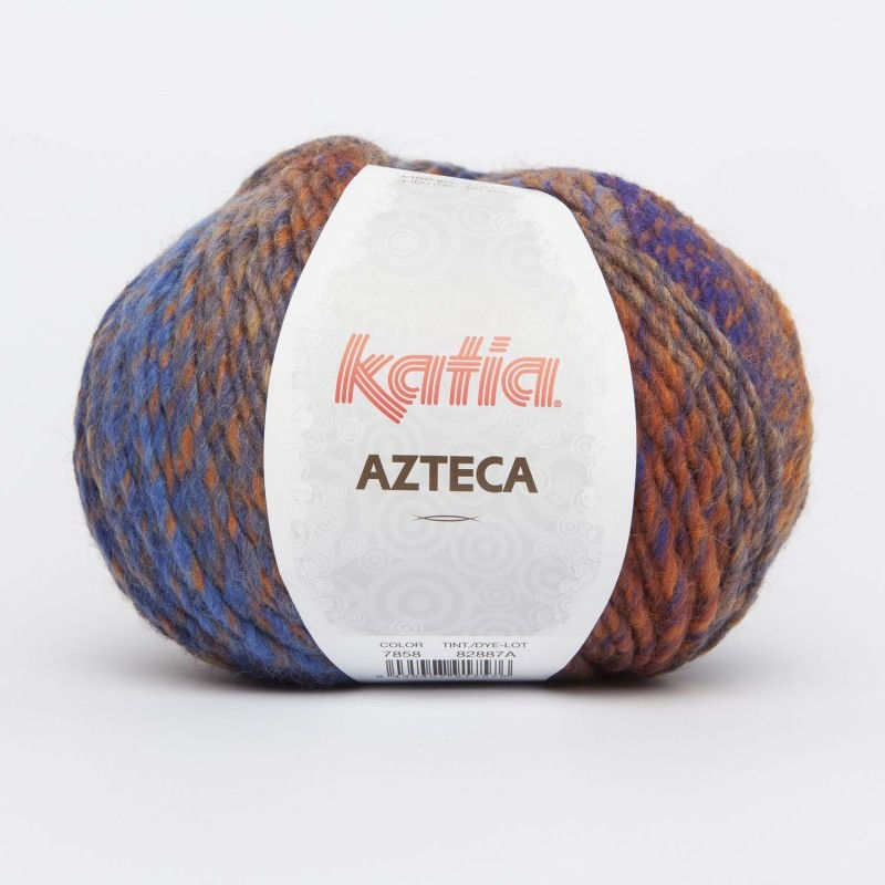 Pelote de fil Katia Azteca 7858, aux nuances multicolores dynamiques et chaleureuses.