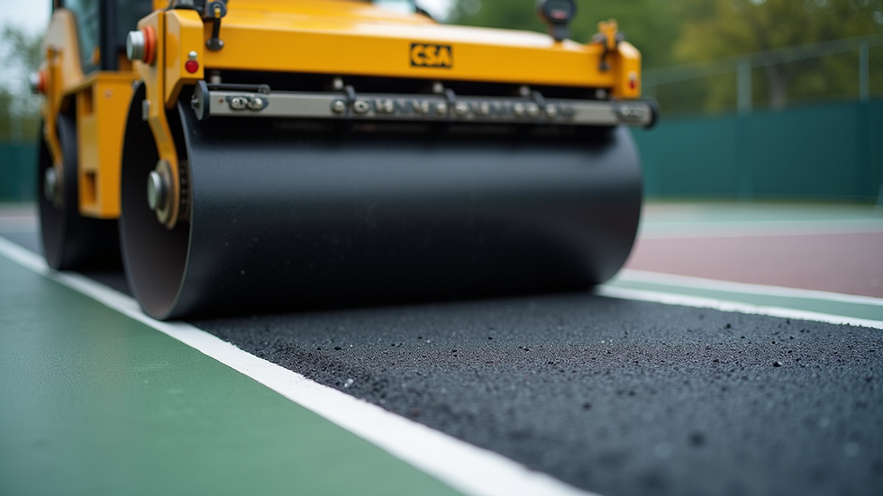 Close-up view of asphalt paving machine laying smooth sports court surface