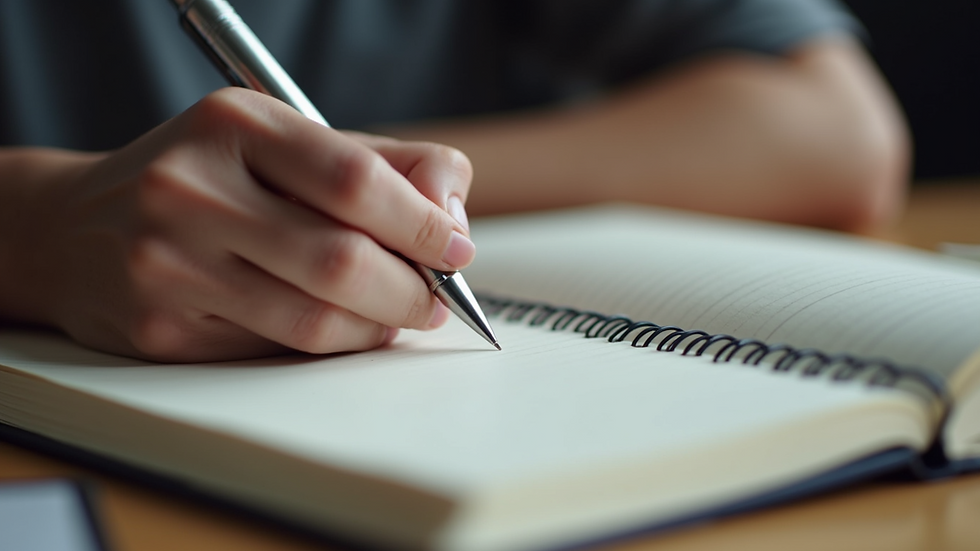 Close-up view of a person writing in a journal with a pen
