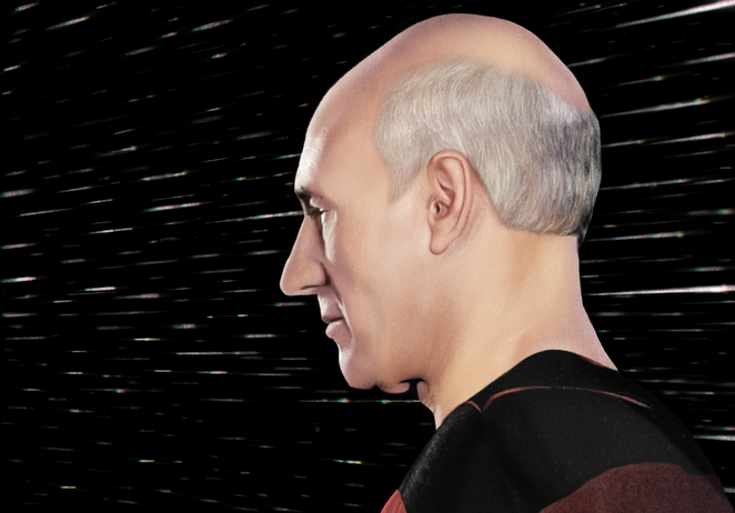 A realistic digital portrait of Jean-Luc Picard from Star Trek: The Next Generation. He is in profile, slightly turned away from camera, staring out at the iridescent white streaks of stars passing by.