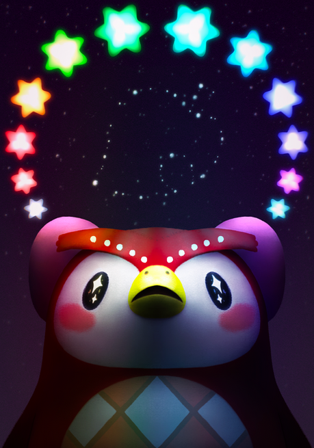 A symmetrical fully-rendered digital illustration of Celeste from Animal Crossing. She is seen from the chest up, lit dramatically, staring up with sparkles in her eyes as twelve Zodiac star fragments float in a rainbow partial circle above her head. The background is a deep indigo starry sky, and contained in the star fragment circle is a constellation resembling the Nook Inc. leaf logo.