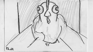 A rough sketched storyboard in Sharpie and pencil from Daisy's perspective of taking Regina out of her coop.  Held in Daisy's arms, she stares blankly at the camera.
