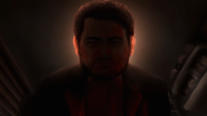An animated close-up shot, in a fully-rendered, semirealistic, lineless style in shades of faded gray and red, of a young man with short dark curly hair and a beard, silhouetted by a lightbulb behind his head, sighing, wiping blood off his face, and ducking down out of frame.