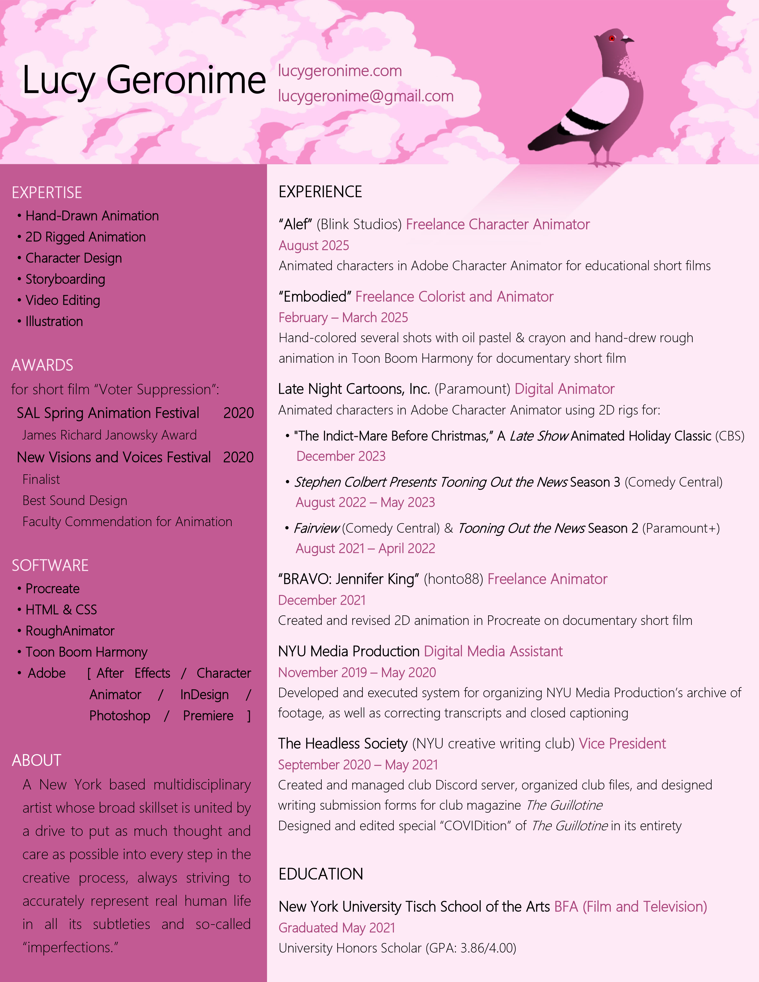 A pink-toned resume.  In the header is a limited-color illustration of a red-eyed, pink-hued pigeon in profile standing on top of a building in front of a pink sky, large puffy pink clouds rising behind it on either side.
The full text of the resume is readable in the linked buttons below the image.