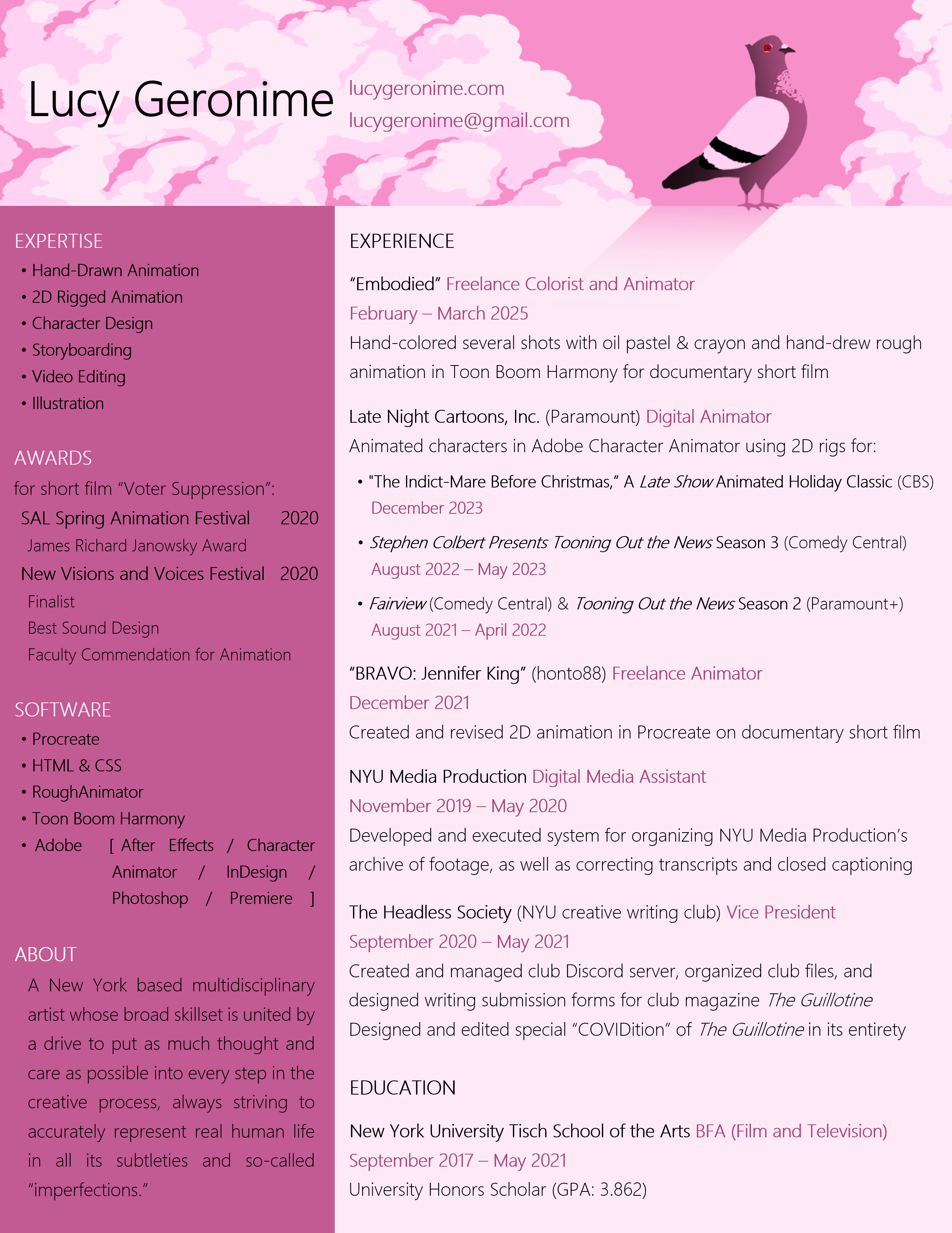 A pink-toned resume.  In the header is a limited-color illustration of a red-eyed, pink-hued pigeon in profile standing on top of a building in front of a pink sky, large puffy pink clouds rising behind it on either side.
The full text of the resume is readable in the linked buttons below the image.