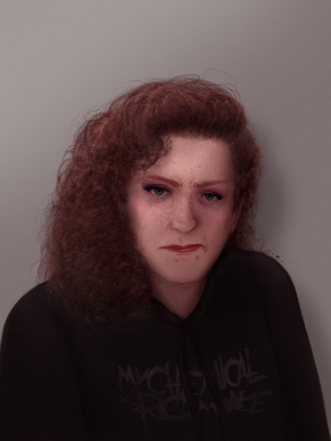 A fully-rendered chest-up digital portrait of a teenage girl.  Her thick, shoulder-length, tightly-curling, dyed-maroon-red hair is worn with an exaggerated side part so that most of her hair falls off one side of her head.  She wears a black hoodie with a faded logo for the band My Chemical Romance, poorly-applied red lipstick, thick winged black eyeliner, and purple eyeshadow.  The dark circles under her eyes and pimples under her mouth pop out on her pale, freckled face almost as much as her scowling turquoise eyes and the snarling curl of disdain and precocious jadedness on her lip.  Her shadow is softly cast on a matte gray background behind her, as if she is posing for a photo.