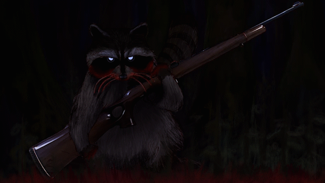 An animated shot in a fully-rendered, semirealistic style, of a raccoon sitting on the forest floor at night, holding a hunting rifle in its paws.  It cocks it, lowering its head with an intense glare.  Its mouth is bloody; the rifle and its pupils reflect the dim moonlight.