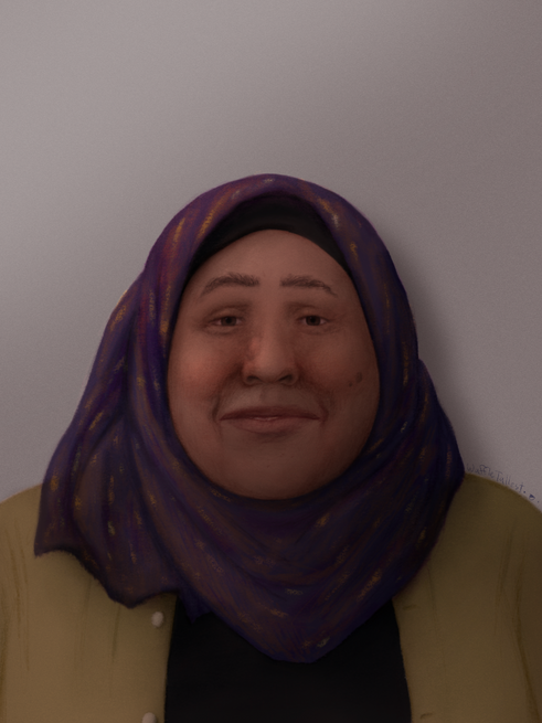 A fully-rendered chest-up digital portrait of a middle-aged woman.  Pinned around her head is a sheer, shimmery warm-purple scarf that covers her hair, as well as a simple black one underneath that peeks out on her forehead, and a soft-yellow cardigan overtop a plain black shirt.  On her curved, thick lips is a bright, warm smile that lights up the brown apple cheeks on her pear-shaped face and reveals her small, deep-set, dark brown eyes to the camera, which she looks at with a natural, understated joy.  Her shadow is softly cast on a matte gray background behind her, as if she is posing for a photo.