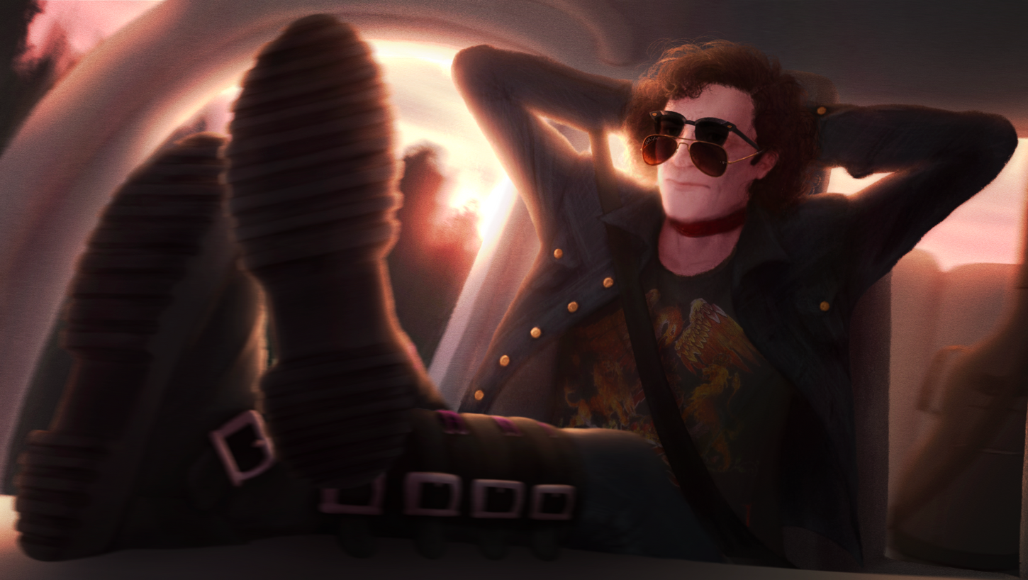A digital illustration of a middle-aged man with chin-length wavy-curly brown hair seated in the passenger seat of a car at sunset.  He wears knee-length punk boots, dark jeans, a dark denim jacket, a graphic T-shirt with the logo of the band Queen, a red band around his neck, and two pairs of sunglasses (browline glasses with transition lenses resting on aviators).  He has his feet propped up on the dashboard in the foreground and his arms behind his head as a peach-pink sunset fades above passing pine trees and lights him softly from behind.  He looks out the windshield with a neutral, almost nostalgic expression.