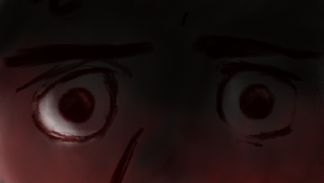 A rough extreme-close-up digital storyboard in the previously-described style of the Searcher's concerned eyes staring into the camera.