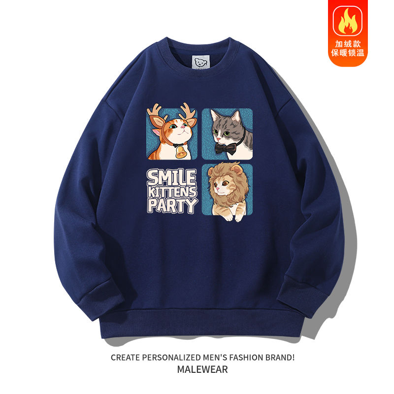Thumbnail: Creative Cartoon Cat Print Crew Neck Sweatshirt, Trendy New Thickened