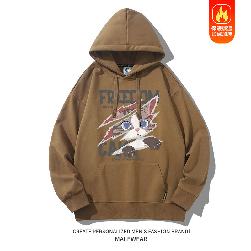 Thumbnail: Retro cat print crew neck loose sweatshirt, new spring style, fleece-lined loose