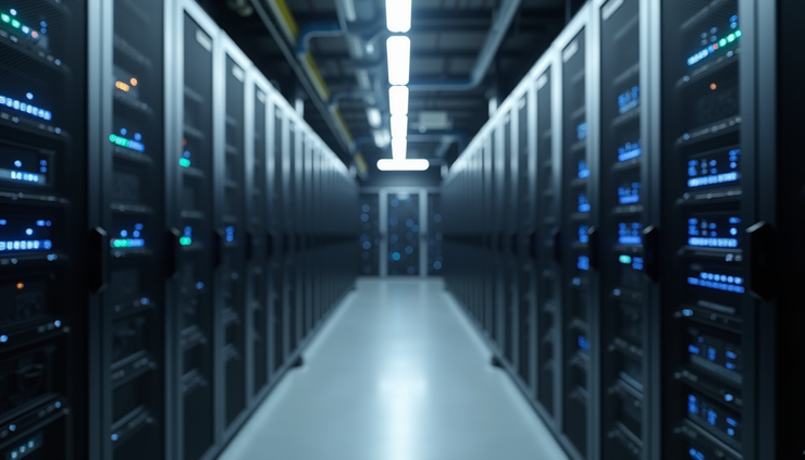Eye-level view of a clean, organized data center with servers and network equipment