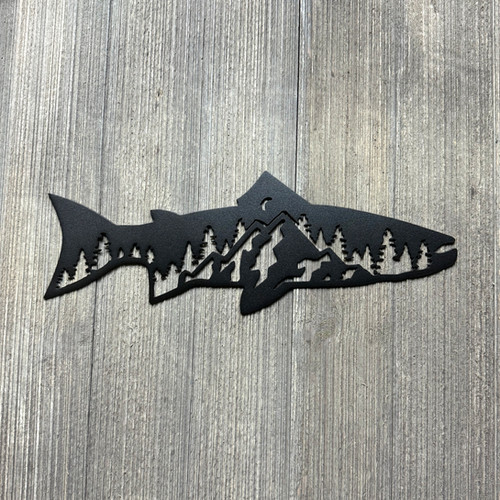 Metal Fish Shape Sign with Mountain Scene | Northwest Custom Met