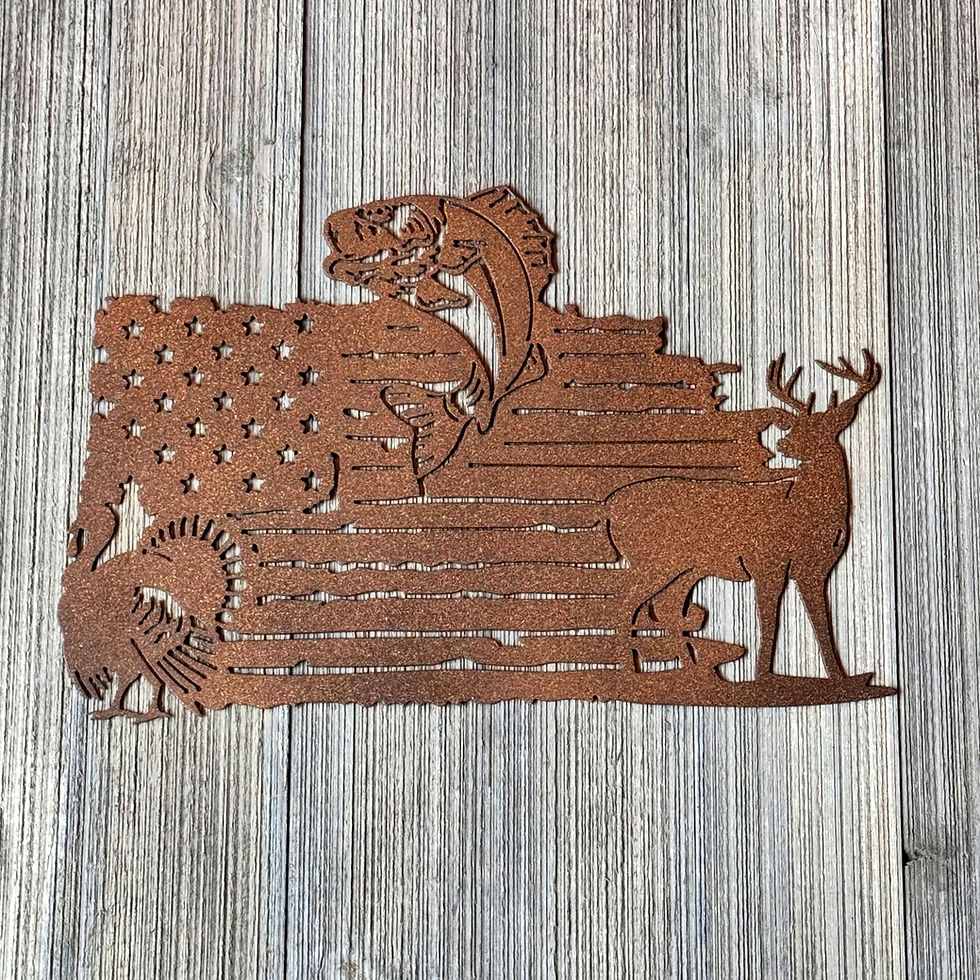 Thumbnail: Patriotic Hunting Fishing Metal Sign | Deer Bass Turkey Wall Art | American Flag