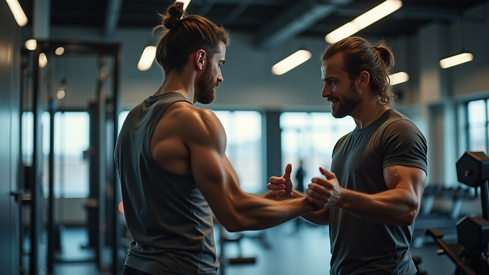 Eye-level view of a modern gym with personal trainer guiding a client