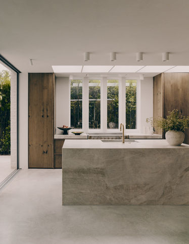 Contemporary, Beautiful Kitchen, Warm minimal kitchen, stone island, marble kitchen island, timber joinery, large modern windows, polished concrete floor, beautiful kitchen. Minimal kitchen