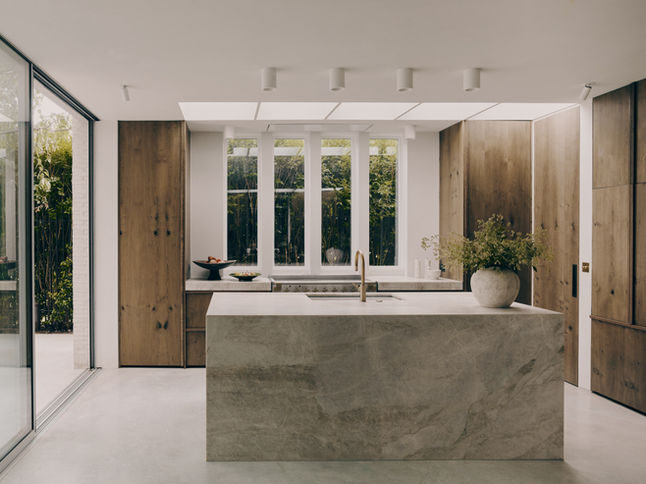 Contemporary, Beautiful Kitchen, Warm minimal kitchen, stone island, marble kitchen island, timber joinery, large modern windows, polished concrete floor, beautiful kitchen. Minimal kitchen