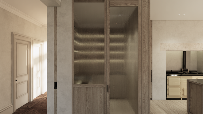 Oak Kitchen, timber floor , plaster finish, stainless steel worktop, reeded glazing