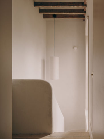 Exposed original joists, vaulted ceiling, Norm pendant light, wall light, orb light, mini glo ball, plaster handrail, warm minimal, double height space, dramatic ceiling,