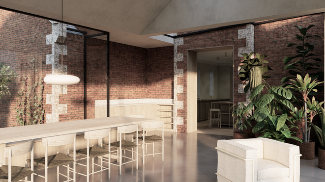 concrete floor, vaulted ceiling, timber wall cladding, large glazing, plaster finish