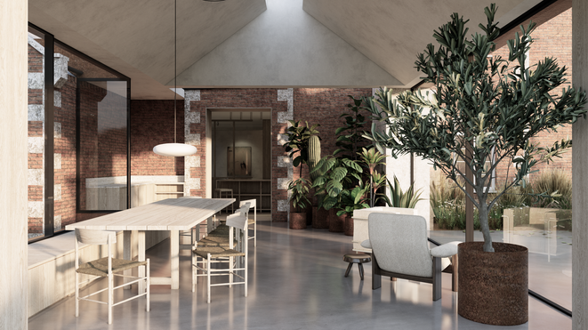 concrete floor, vaulted ceiling, timber wall cladding, large glazing, plaster finish