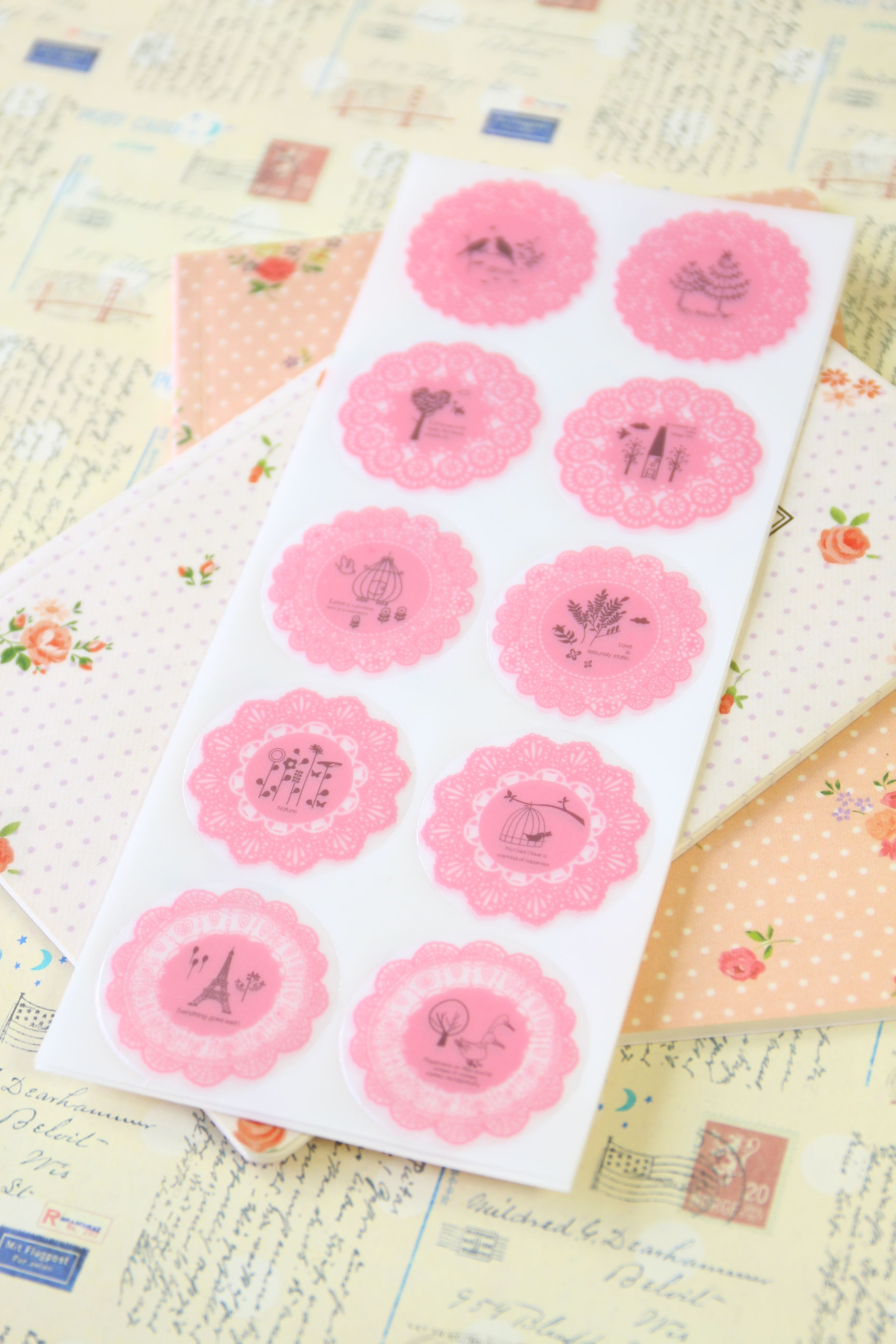 light pink fancy lace round deco stickers