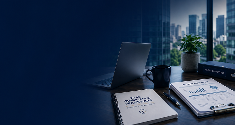 Laptop and NDIS Compliance Framework documents on a desk.