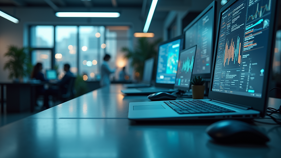 Eye-level view of a futuristic workspace with technology and AI tools